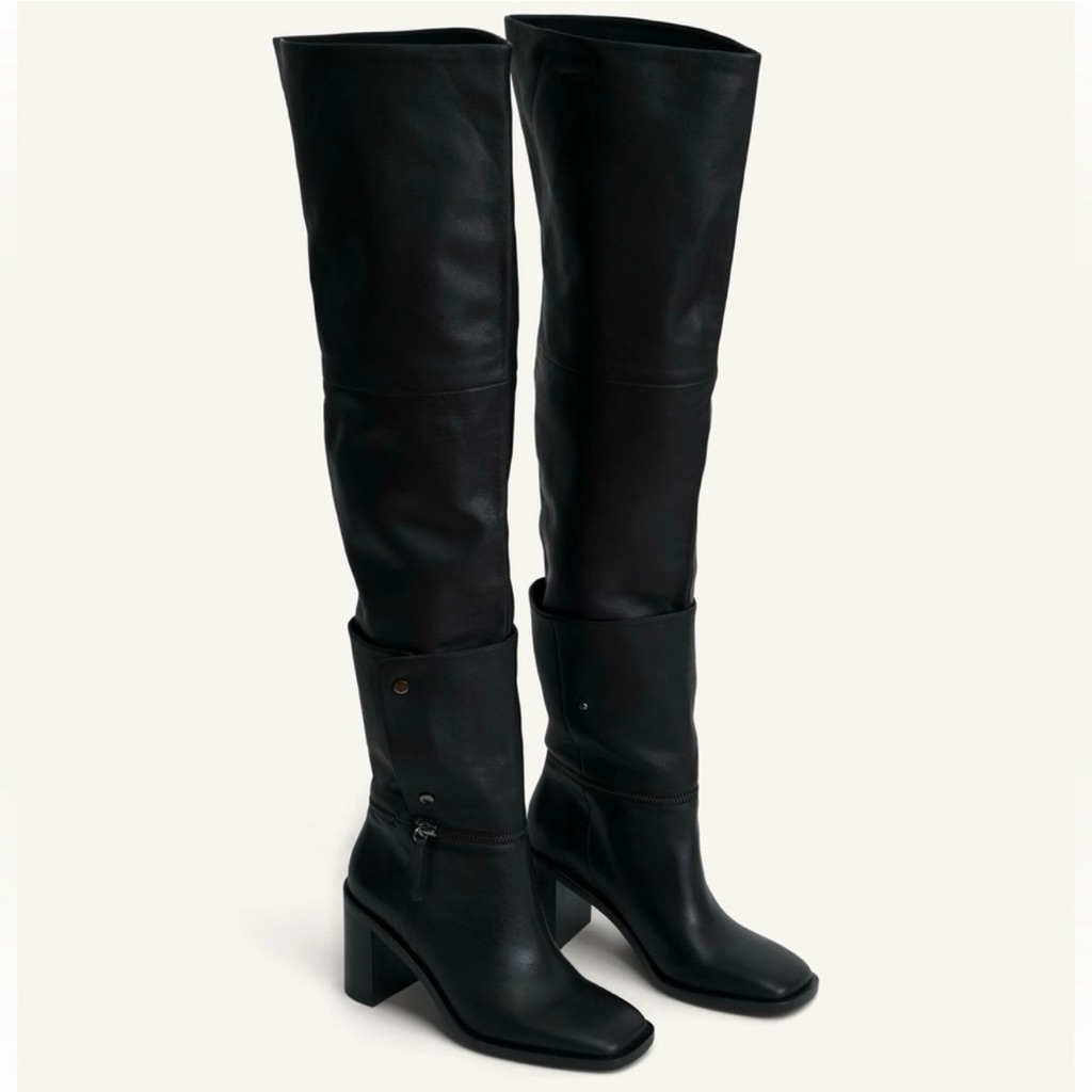 Zara Knee High Boots Made Of Leather With Multi-Positional Detail 7.5 Nwt